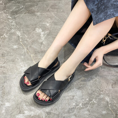 Leather Platform Versatile Net Red Cross Roman Sandals - Image 6