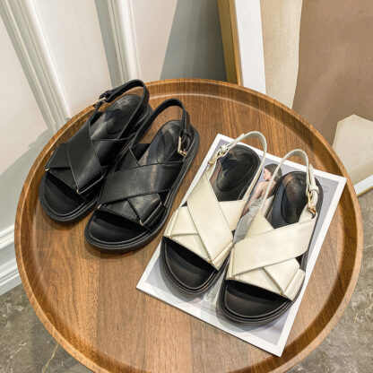 Leather Platform Versatile Net Red Cross Roman Sandals - Image 3